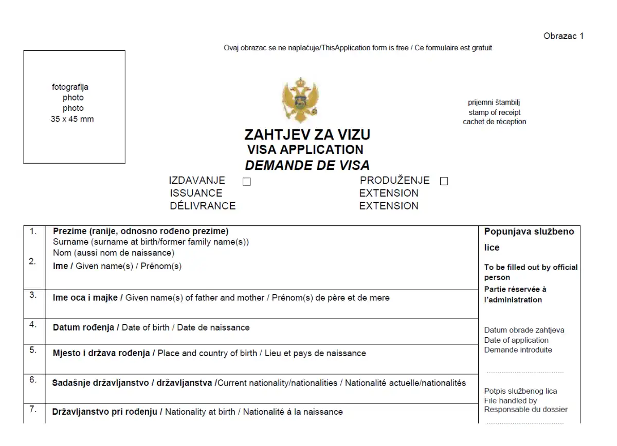 visa application form Montenegro